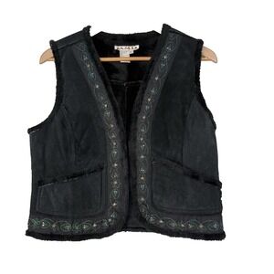 Black Leather Vest Womens Large Vintage 90s Western Embroidered Festival Cowgirl